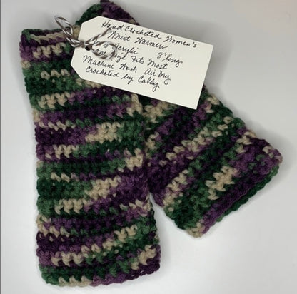 Gaming Texting Fingerless Gloves Marbled Purple Green Tan Crochet Knit Writing Tech Wrist Warmers