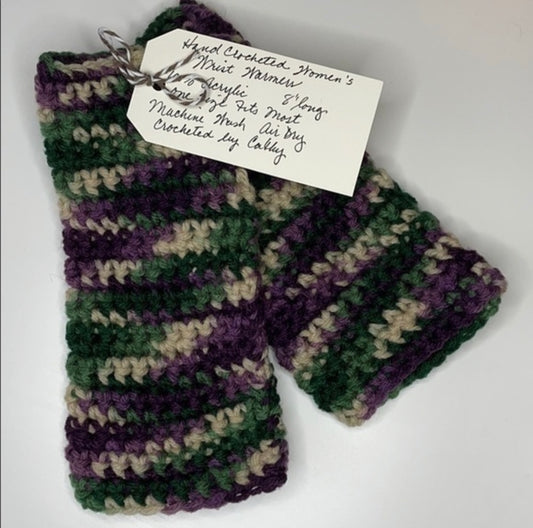 Gaming Texting Fingerless Gloves Marbled Purple Green Tan Crochet Knit Writing Tech Wrist Warmers