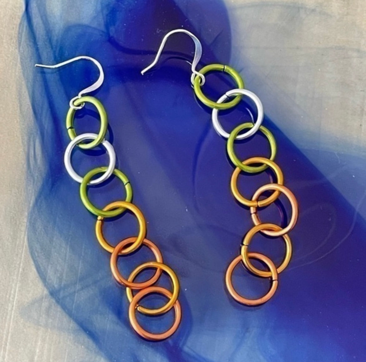 Multicolor Chain Link Earrings 3.12” Lightweight Mixed Metal Green Orange Minimalist