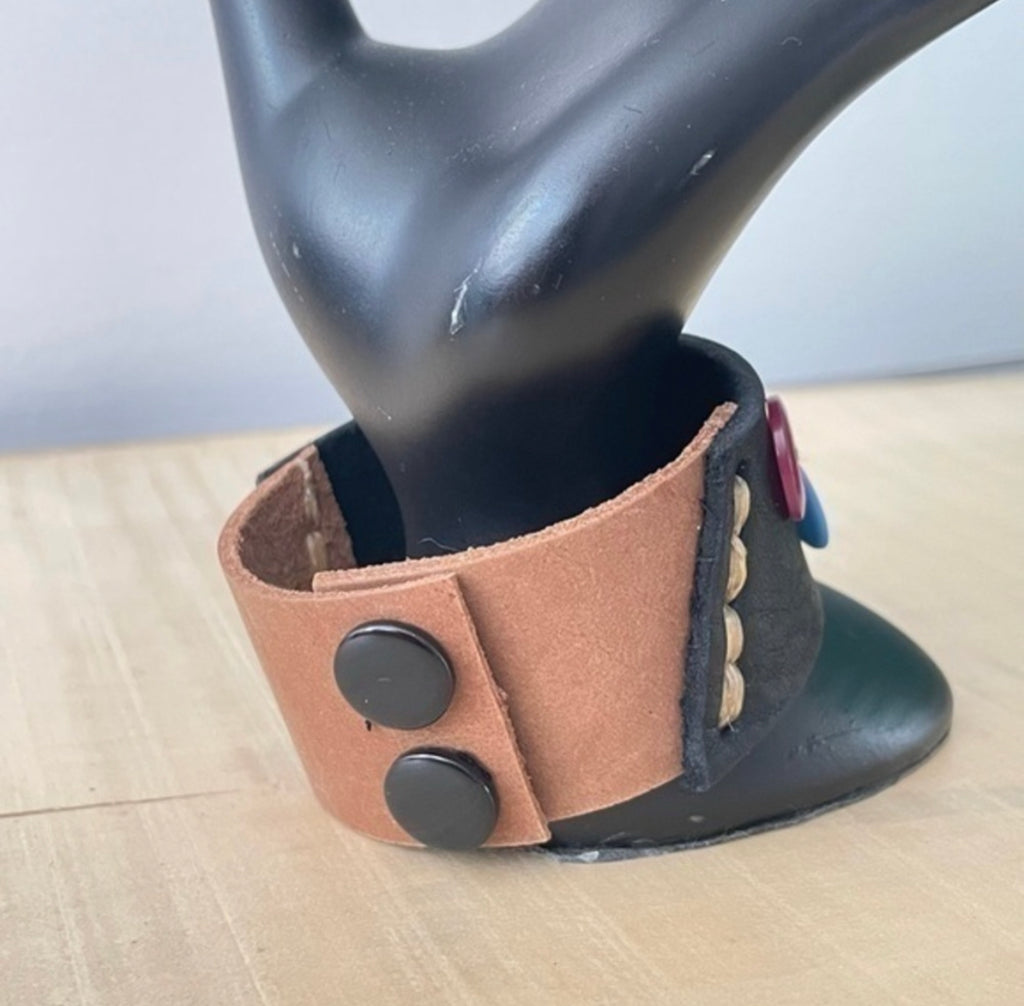Repurposed Rainbow Button & Leather Cuff Bracelet 7.5" Black Brown Unisex LGBT Pride Ally Upcycled Hand Crafted