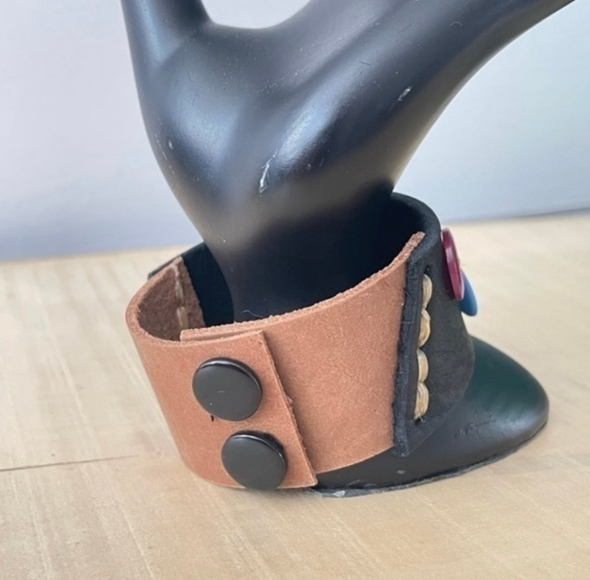 Repurposed Rainbow Button & Leather Cuff Bracelet 7.5" Black Brown Unisex LGBT Pride Ally Upcycled Hand Crafted