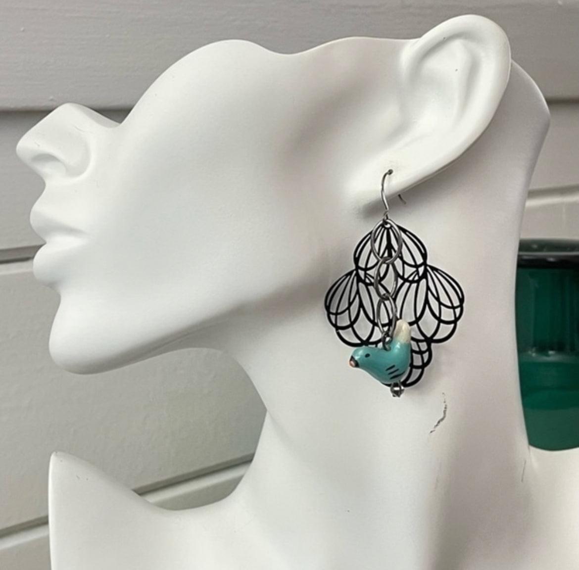 Ceramic Blue Bird & Black Filigree Statement Dangle Earrings 2.5” Chain Mixed Metal Art Deco