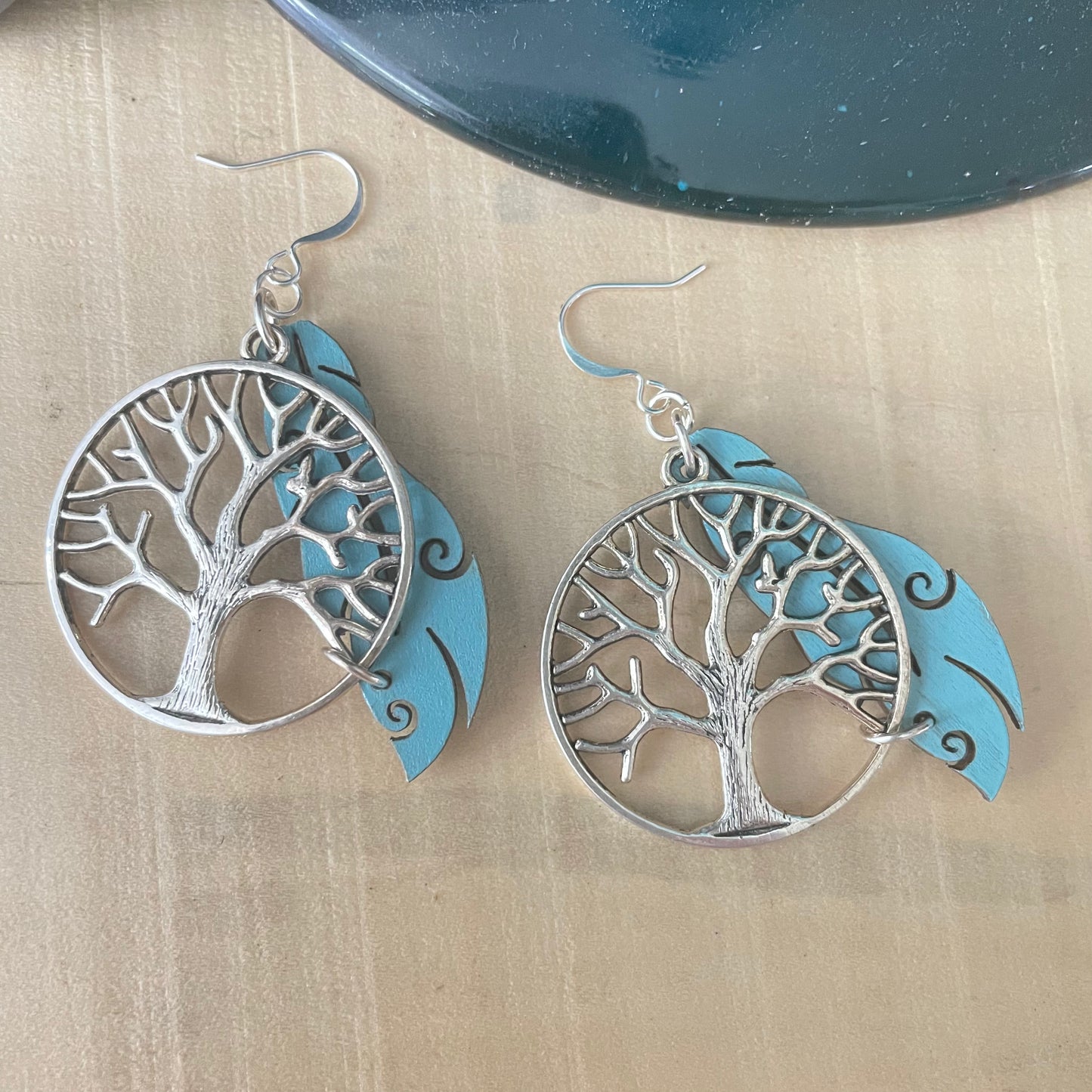 Antiqued Tree of Life & Hand Stained Turquoise Wood Feather Earrings 2.25” Boho Mixed Metal