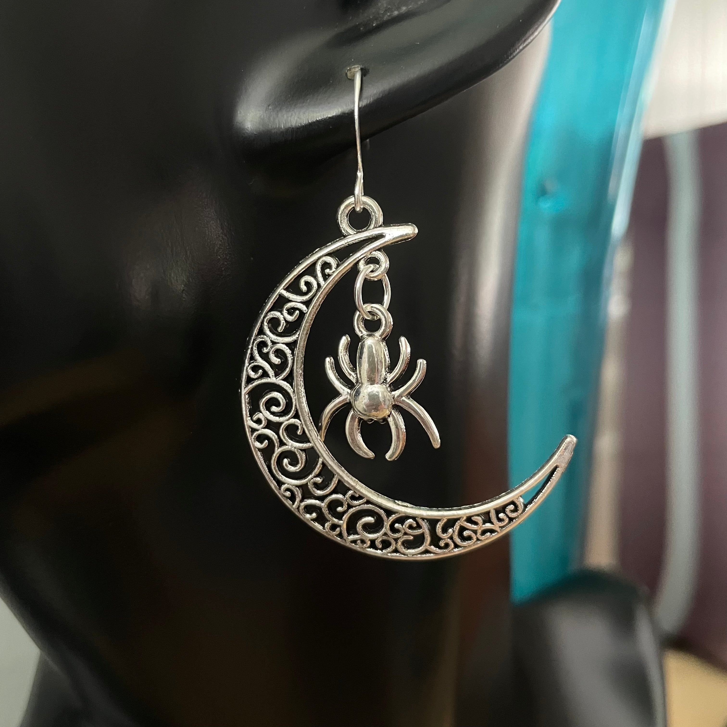 Mixed Metal Spider & Moon Dangle Earrings 2” Goth Halloween