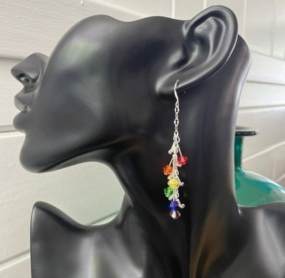 Rainbow Swarovski Crystal & Mini Curved Bar Dangle Earrings 3" Long Sparkle Pride LGBT Ally Colorful Glam