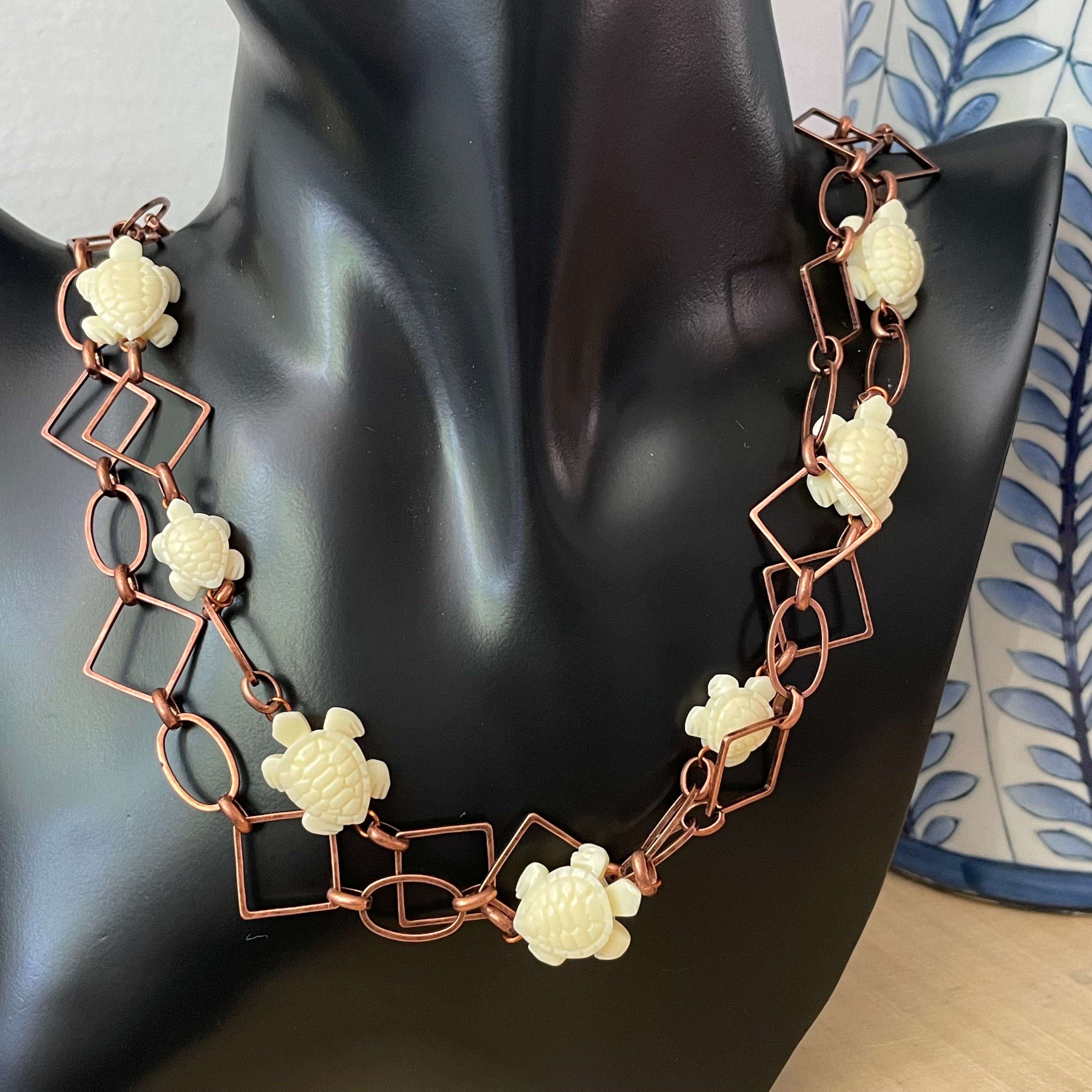 Layered Geometric Copper Chain & Ivory Turtle Necklace 27" Coastal Statement Large Link