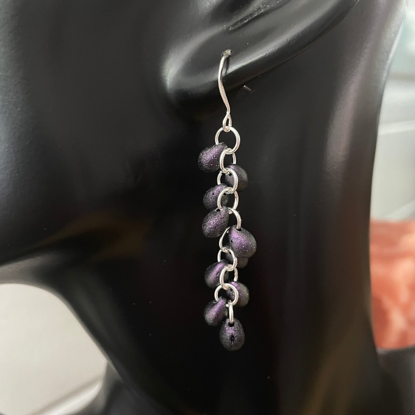 Dark Purple Mini Teardrop Dangle Earrings 2.25" Matte Glass & Chain Textured Elegant Drama