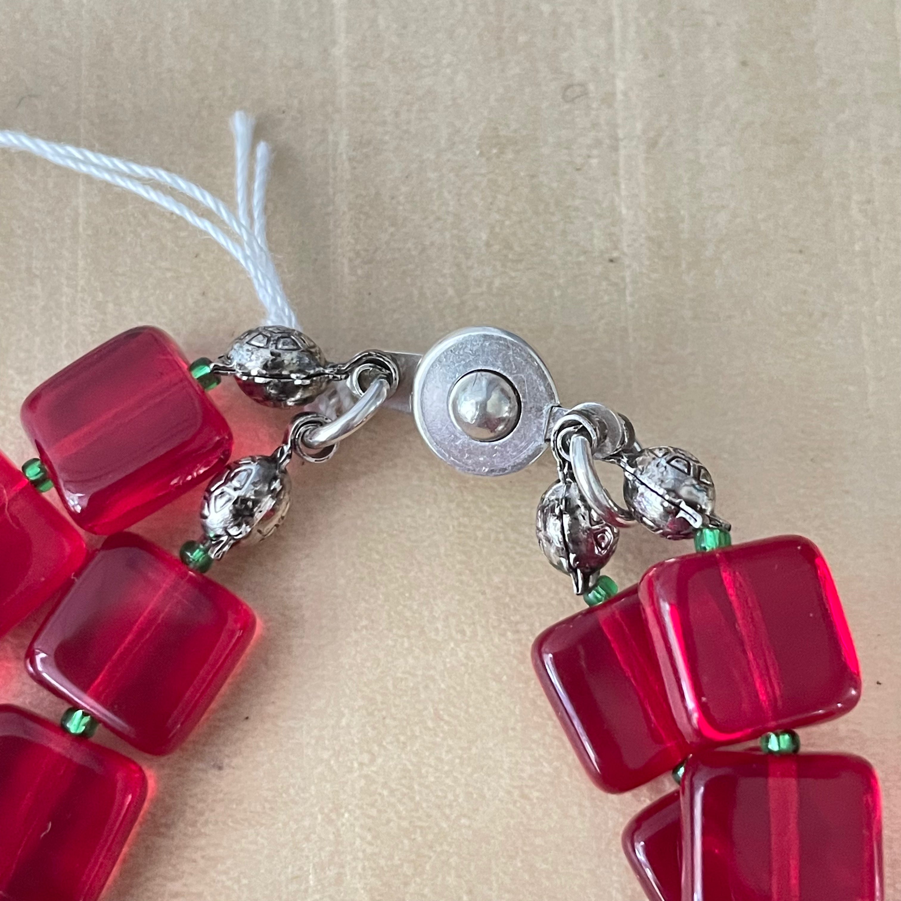 Faceted Metallic Black Glass & Red Glass Layered Bracelet 7"