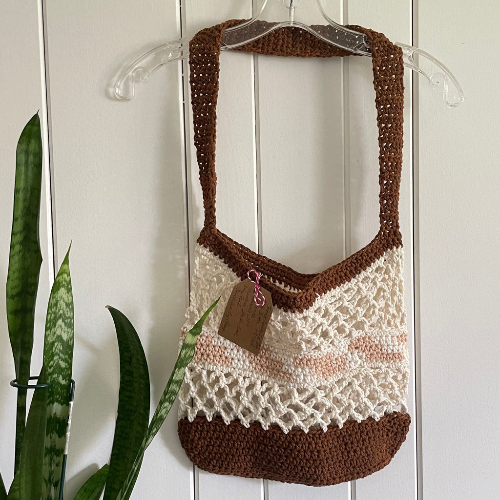 Sandy Beaches Tote Bag Purse Cotton Reusable Boho Multicolor Hand Crocheted Knit Cream Tan Brown Coastal