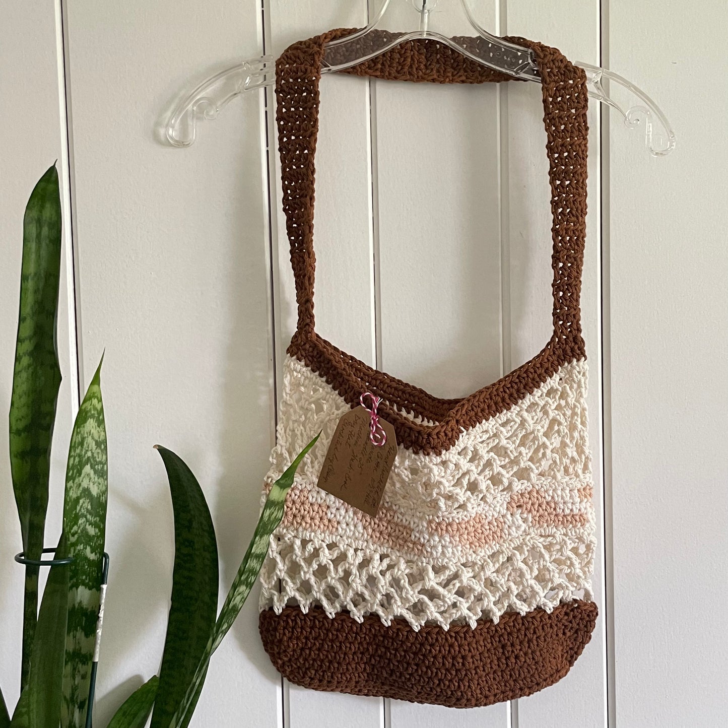 Sandy Beaches Tote Bag Purse Cotton Reusable Boho Multicolor Hand Crocheted Knit Cream Tan Brown Coastal