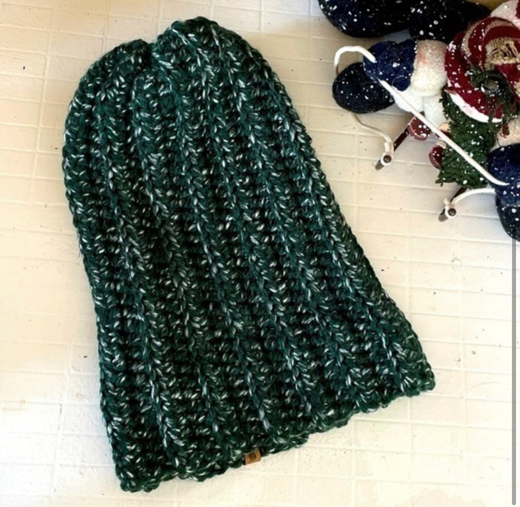Extra Warm Ribbed Cable Knit Hat Forest Green & White Marbled Hand Crocheted Beanie 16.5" Winter Unisex Outdoor Stretch Adjustable Cuff