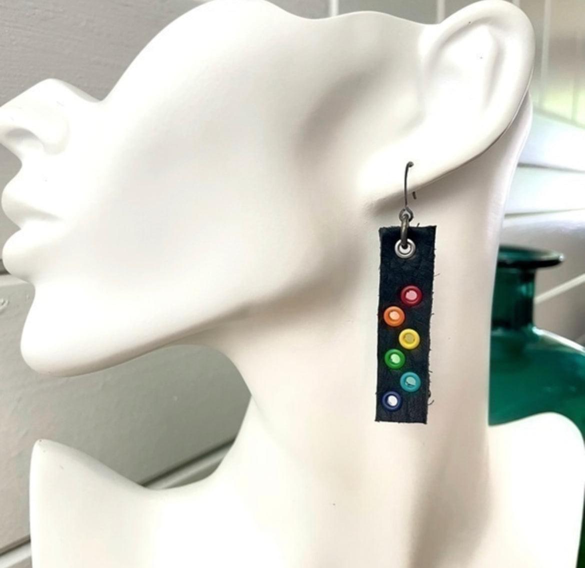 Hand Crafted Black Leather Rainbow Pride Earrings 2.5” LGBTQIA+ Ally Geometric Everyday Casual Women Gift
