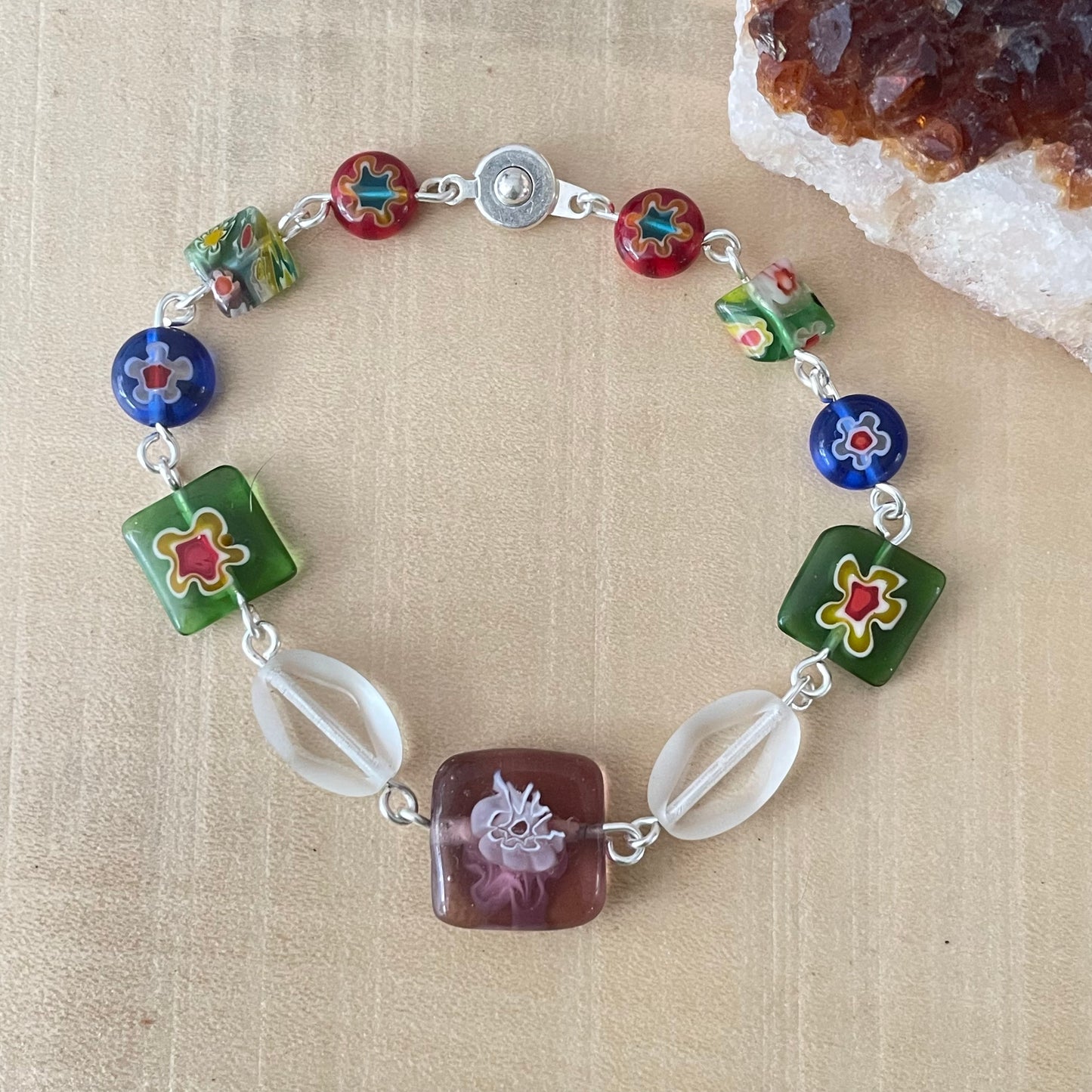 Colorful Millefiori Glass Flower Bracelet 7.5" Chunky Spring Summer Floral Boho Purple Green Blue Red Yellow