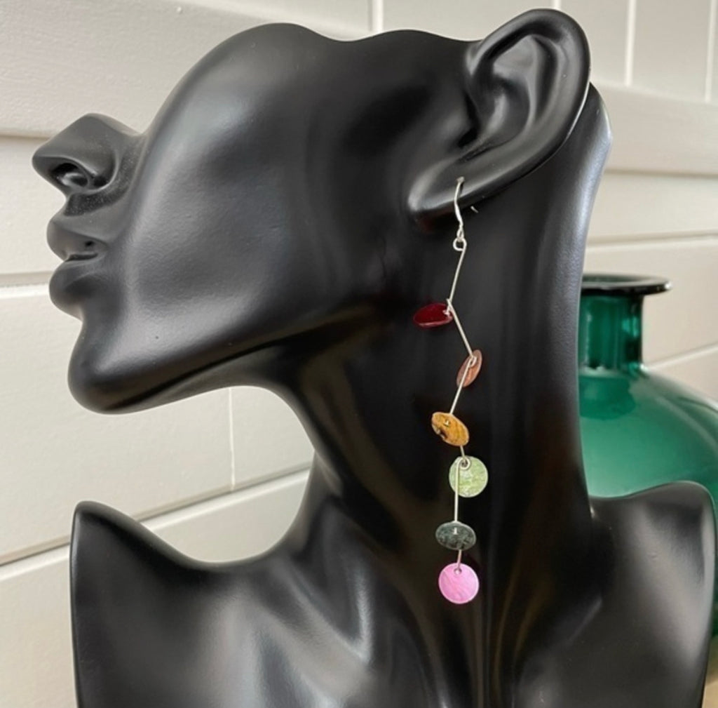 Long Rainbow Shell Dangle Earrings 4” Colorful LGBTQIA+ Geometric Angled Elegant