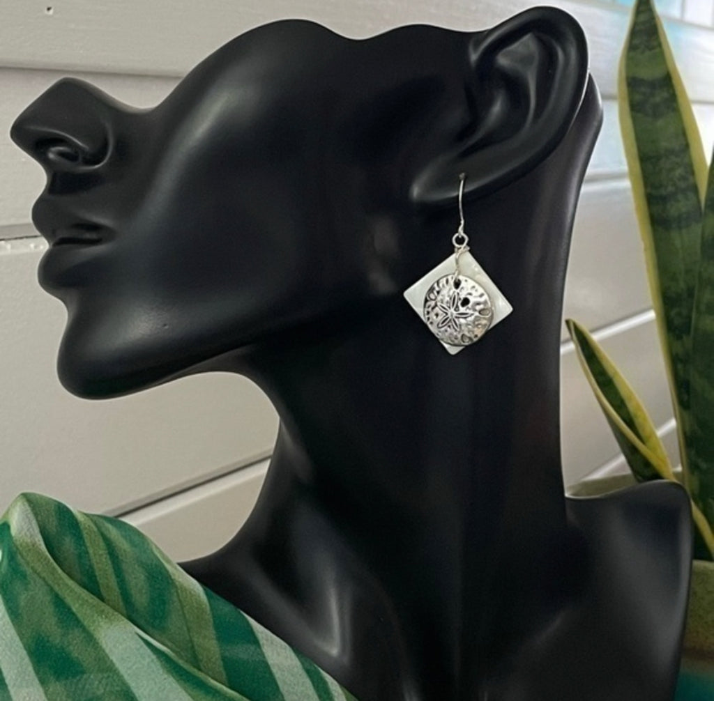 Metal Sand Dollar & Ivory Shell Earrings 1.75" Coastal Vacation Resort Beach Ocean Sea Geometric Women Gift Everyday Fashion Handmade Jewelry