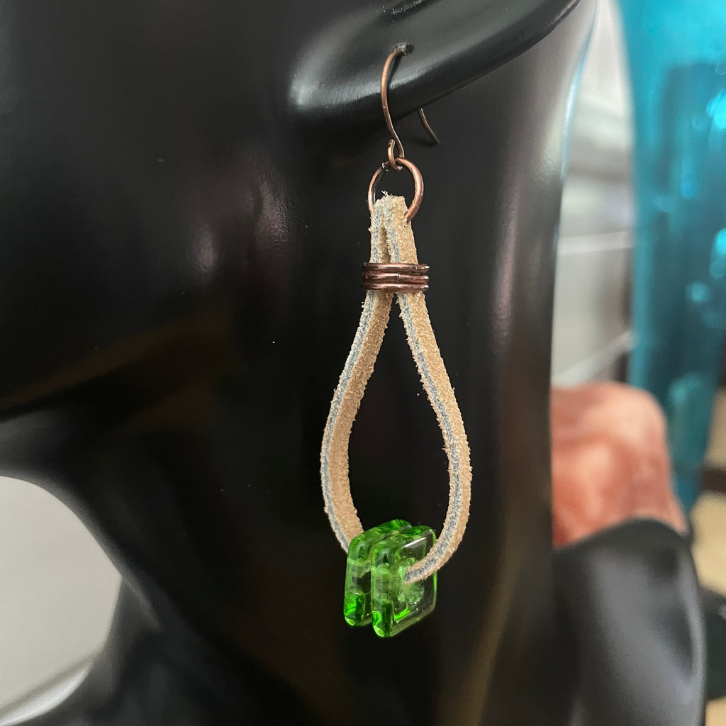 Leather Glass & Copper Teardrop Hoop Statement Earrings 2.5" Brown Spring Green Boho Western Women Gift Everyday Fashion Handmade Jewelry