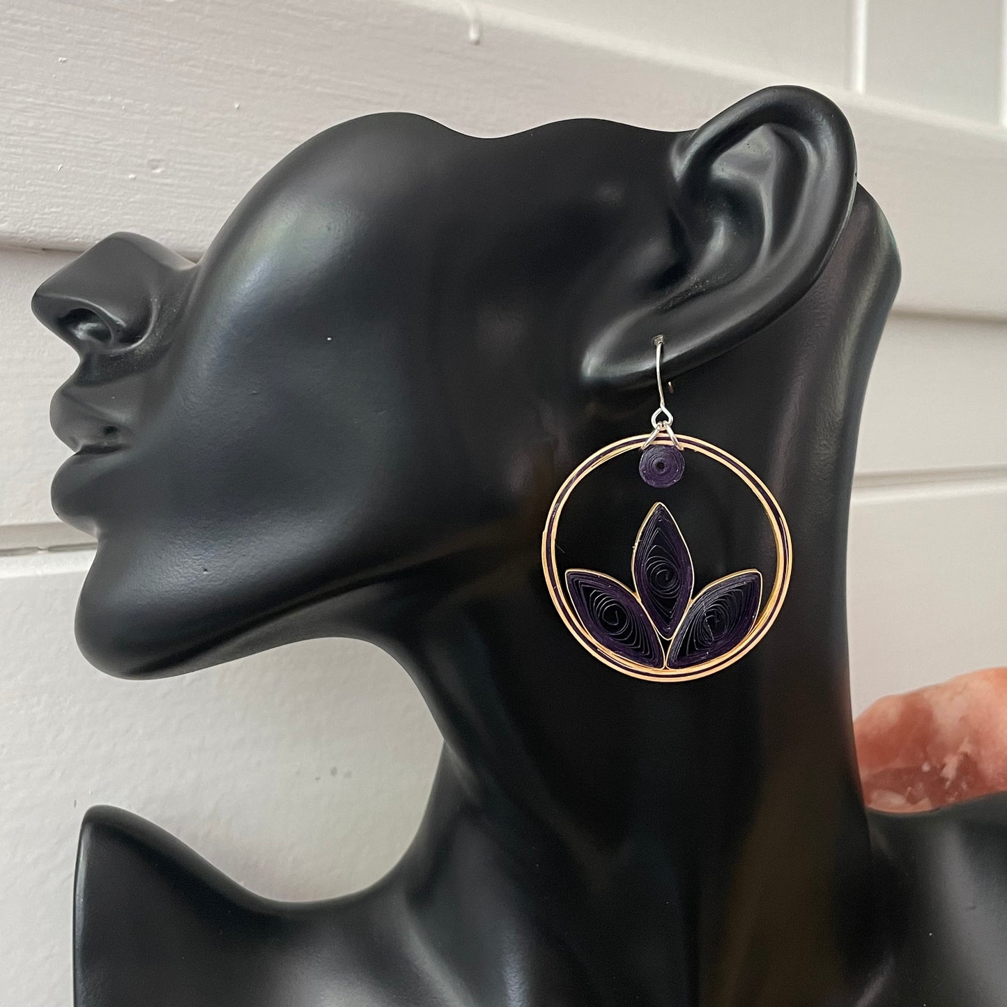 Dark Purple & Tan Quilled Paper Hoop Earrings 2" Floral Geometric Boho Upcycled Repurposed Unique Statement