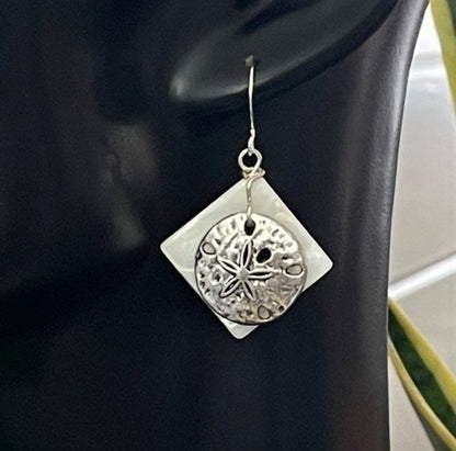 Metal Sand Dollar & Ivory Shell Earrings 1.75" Coastal Vacation Resort Beach Ocean Sea Geometric Women Gift Everyday Fashion Handmade Jewelry