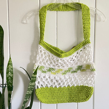 Green & White Tote Shoulder Bag Purse Cotton Reusable Boho Multicolor Hand Crocheted Knit