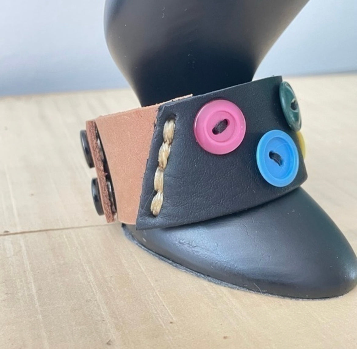 Repurposed Rainbow Button & Leather Cuff Bracelet 7.5" Black Brown Unisex LGBT Pride Ally Upcycled Hand Crafted