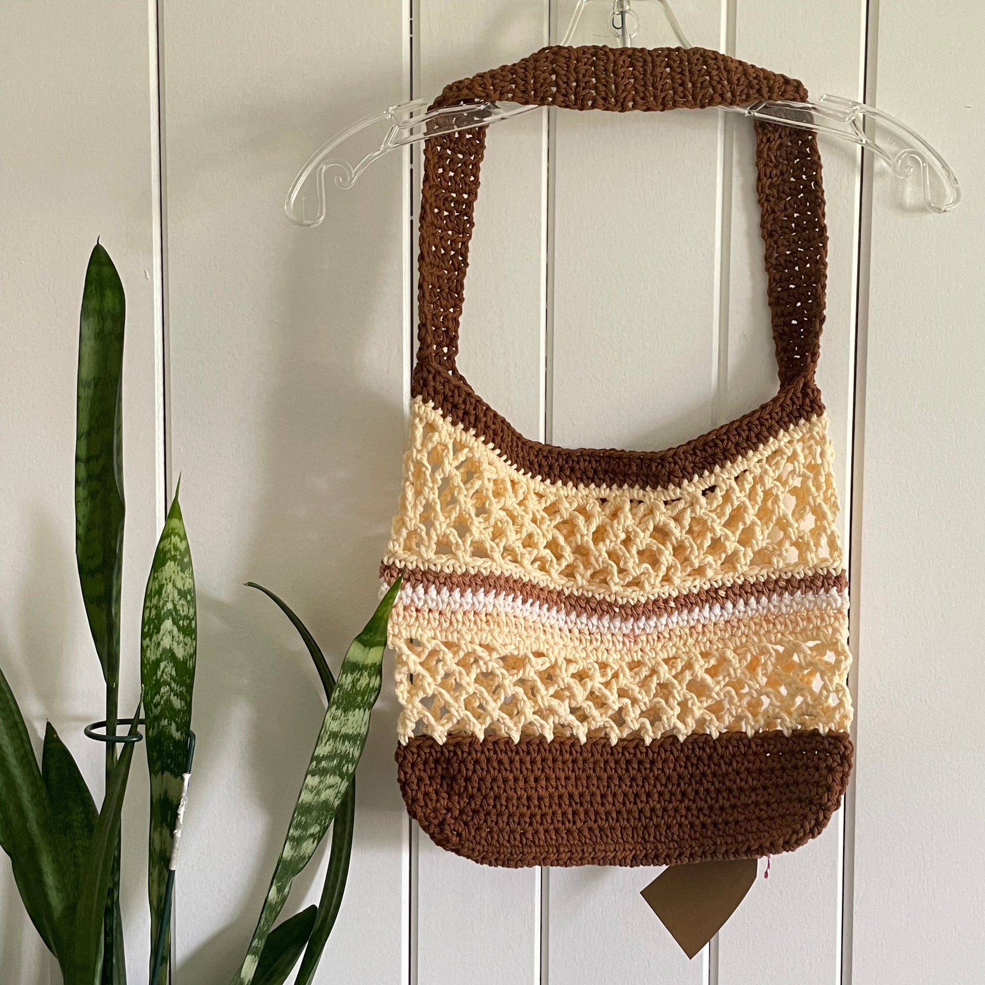 Brown & White Tote Bag Purse Cotton Reusable Boho Multicolor Hand Crocheted Knit Coastal Resort Beach side 1