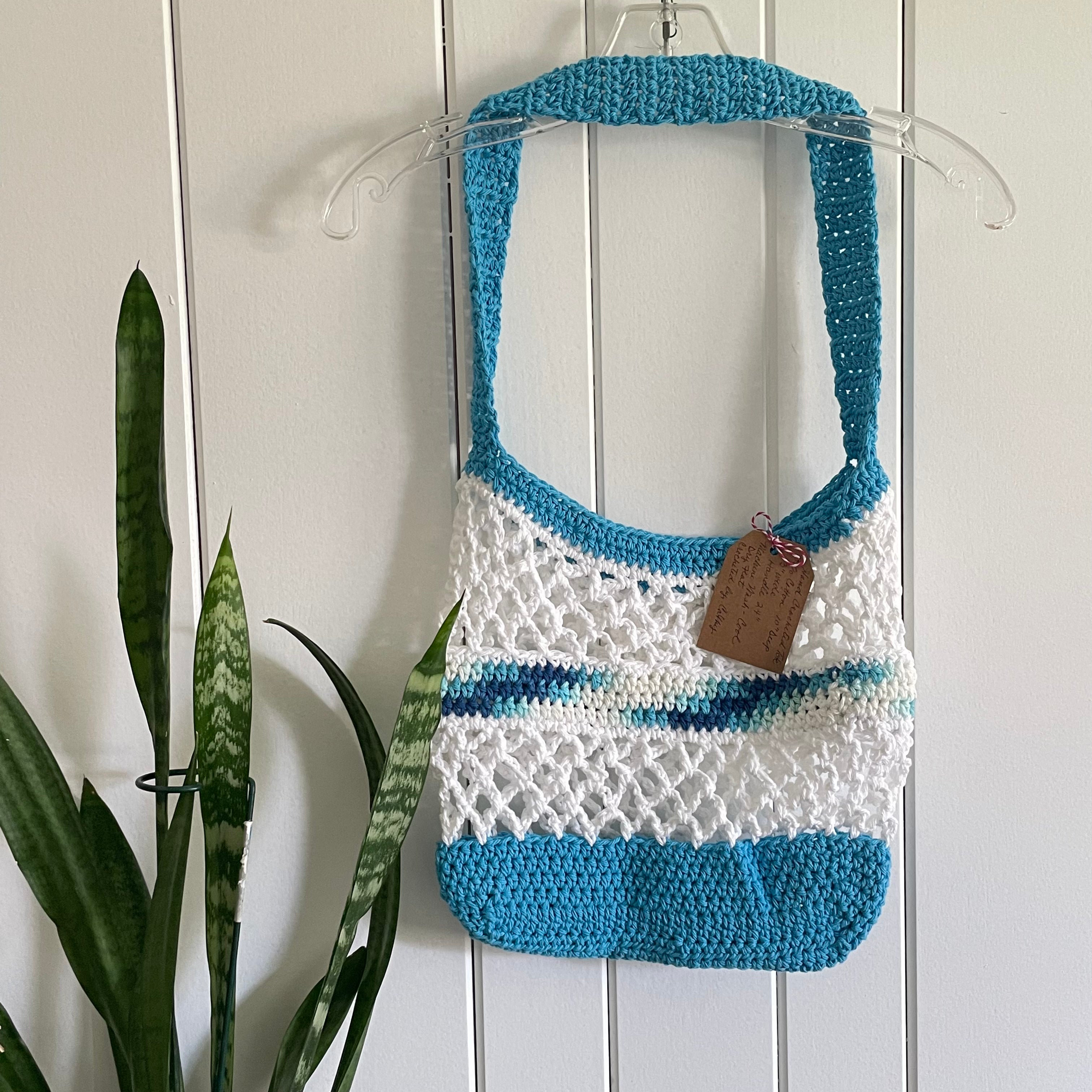 Ocean Waters Blue White Tote Shoulder Bag Purse Cotton Reusable Boho Multicolor Hand Crocheted Knit Coastal Resort