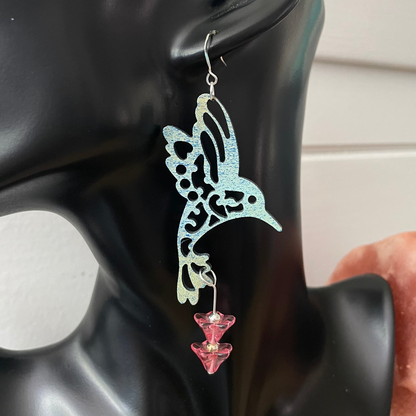 Hand Painted Hummingbird & Pink Glass Flower Statement Earrings 4" Multicolored Marbled Stamped Wood Blue Green