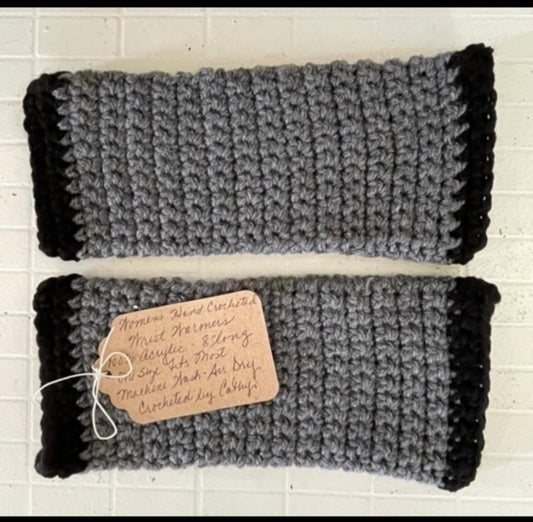 Texting Tech Wrist Warmers Dark Grey & Double Black Trim Crochet Knit Fall Winter Writing Gaming Fingerless Gloves