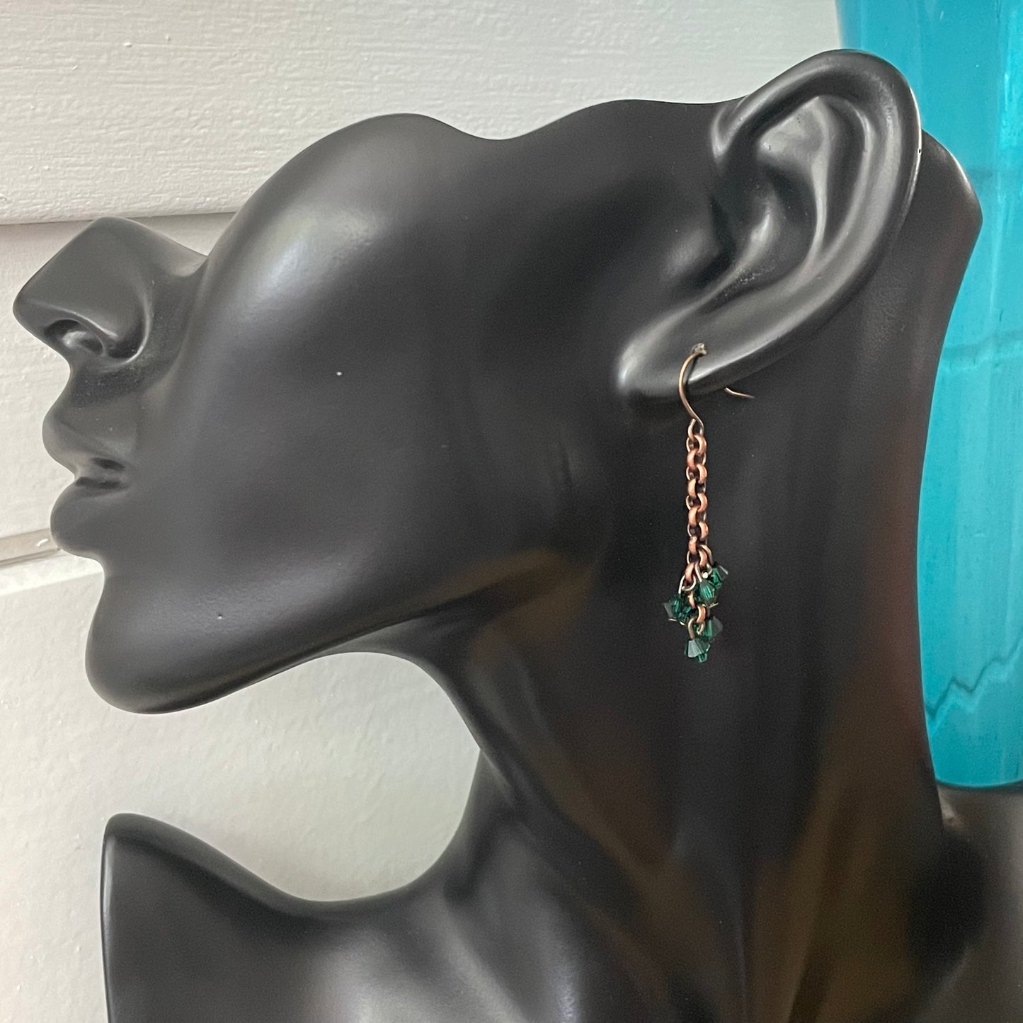 Dark Green Swarovski Crystal & Copper Chain Earrings 1.75” Elegant Evening Drama