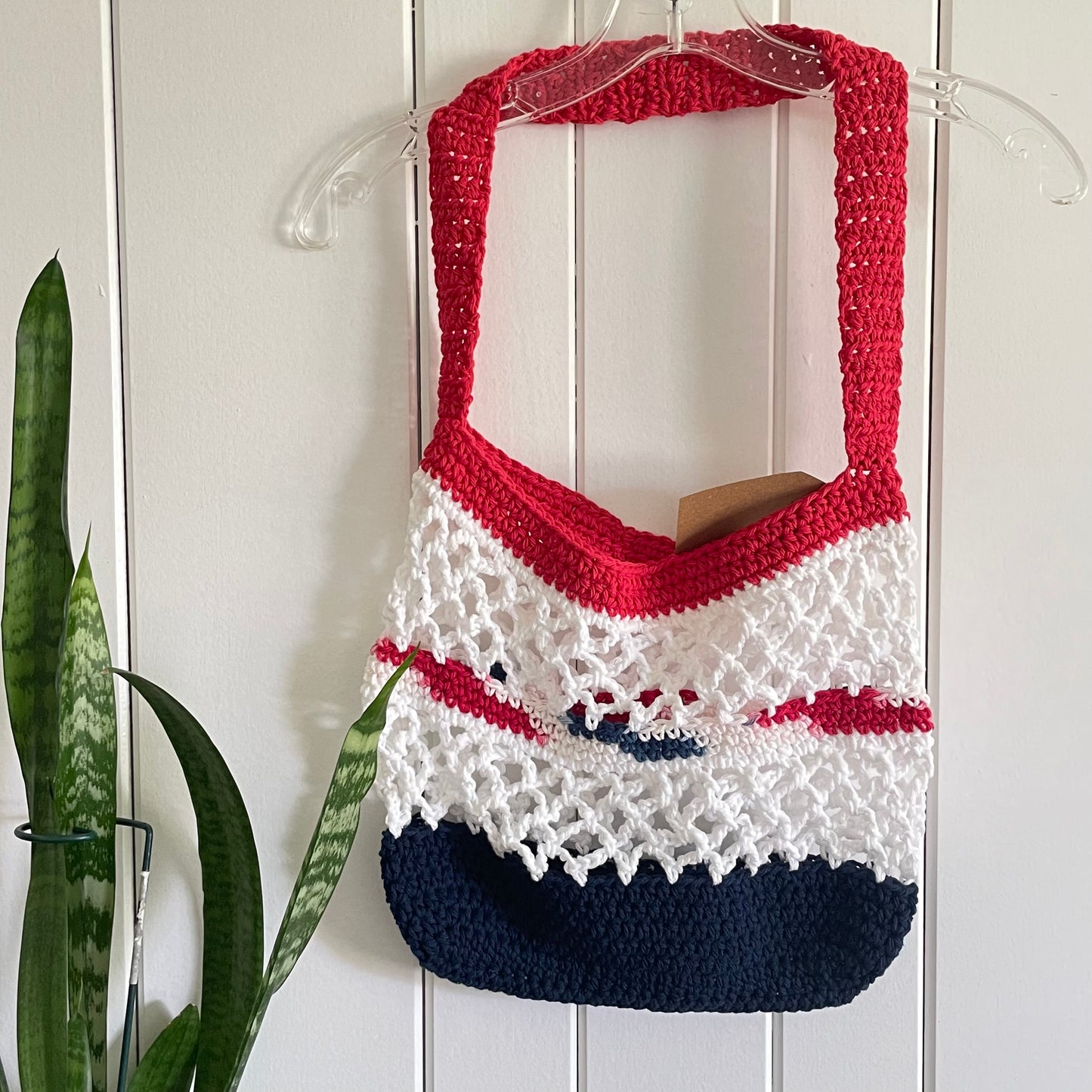 Red White Navy Blue Bottom Tote Bag Purse Cotton Reusable Boho Multicolor Hand Crocheted Knit Coastal Resort Beach