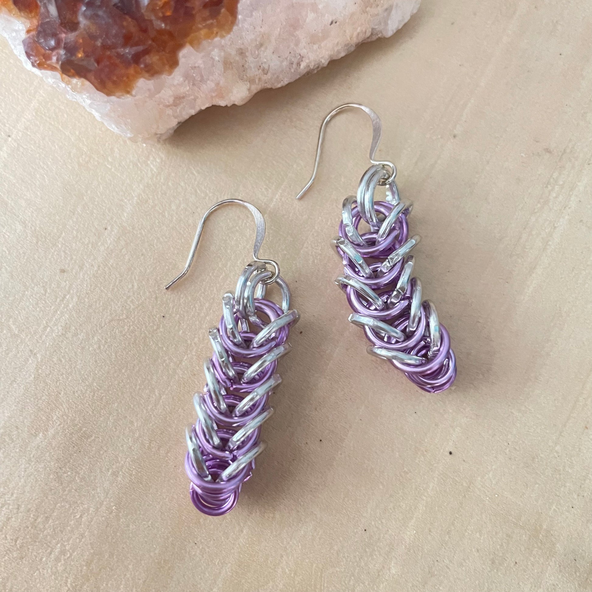Box Chainmail Earrings Pastel Purple & Silver Aluminum 1.75" Lightweight Statement displayed on a light wood background