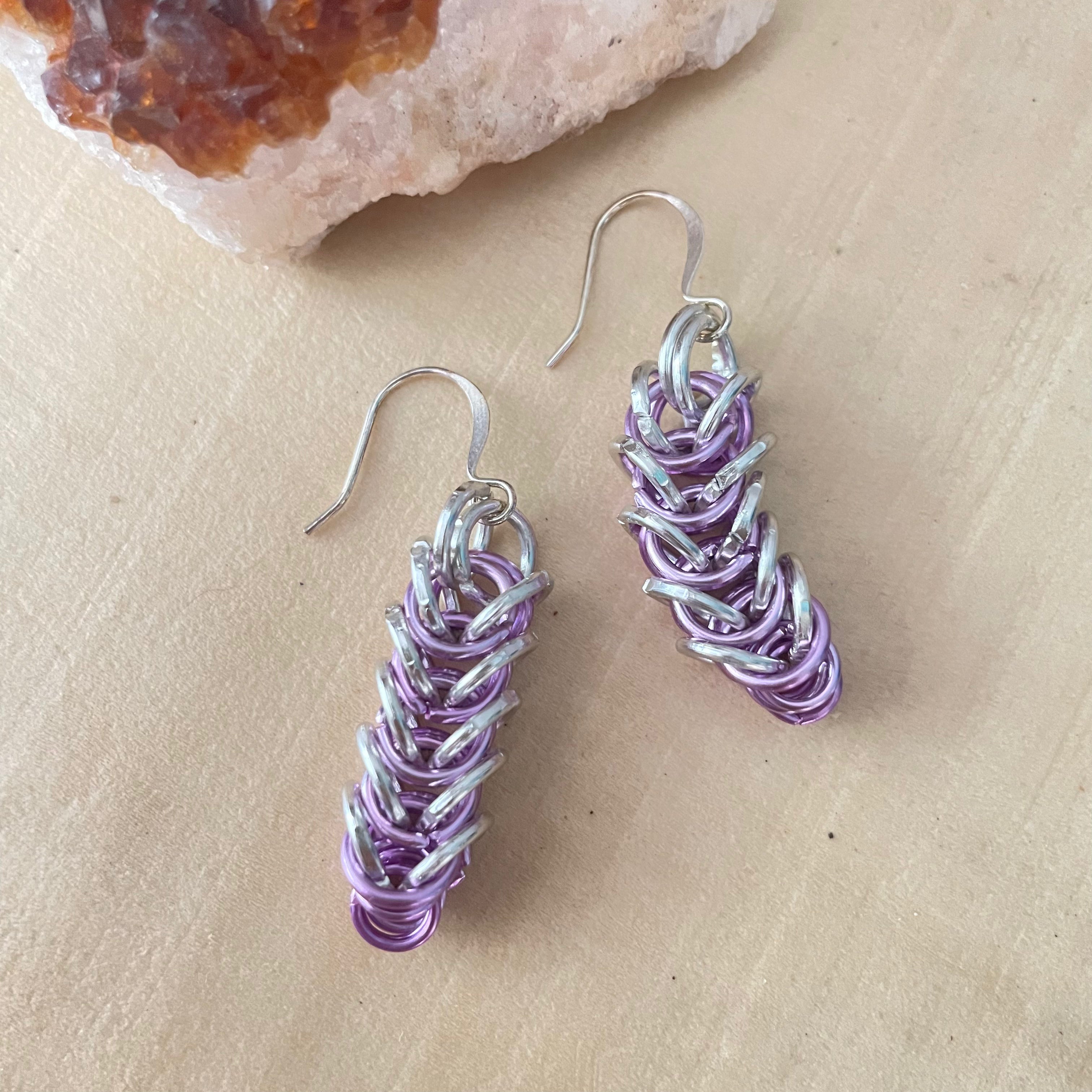 Box Chainmail Earrings Pastel Purple & Silver Aluminum 1.75" Lightweight Statement displayed on a light wood background