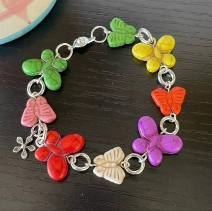Chunky Multicolored Butterfly Bracelet 8” Spring Summer Pastel Coastal Vacation Colorful Magnesite