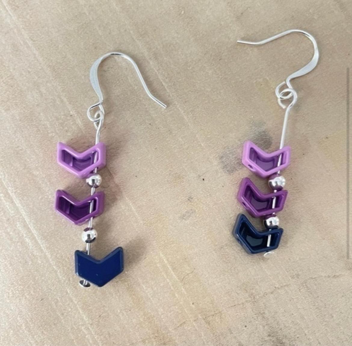 Bi Flag Metal Chevron Drop Earrings 1.75" Pink Purple Blue LGBTQIA Pride Ally Colorful--showing front and back of beads 