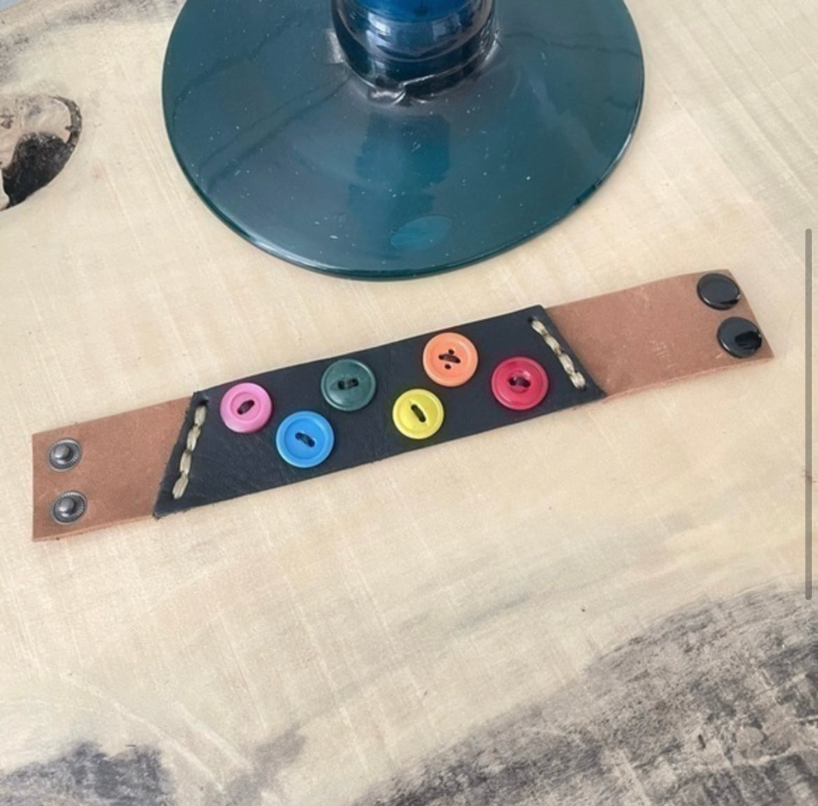 Repurposed Rainbow Button & Leather Cuff Bracelet 7.5" Black Brown Unisex LGBT Pride Ally Upcycled Hand Crafted