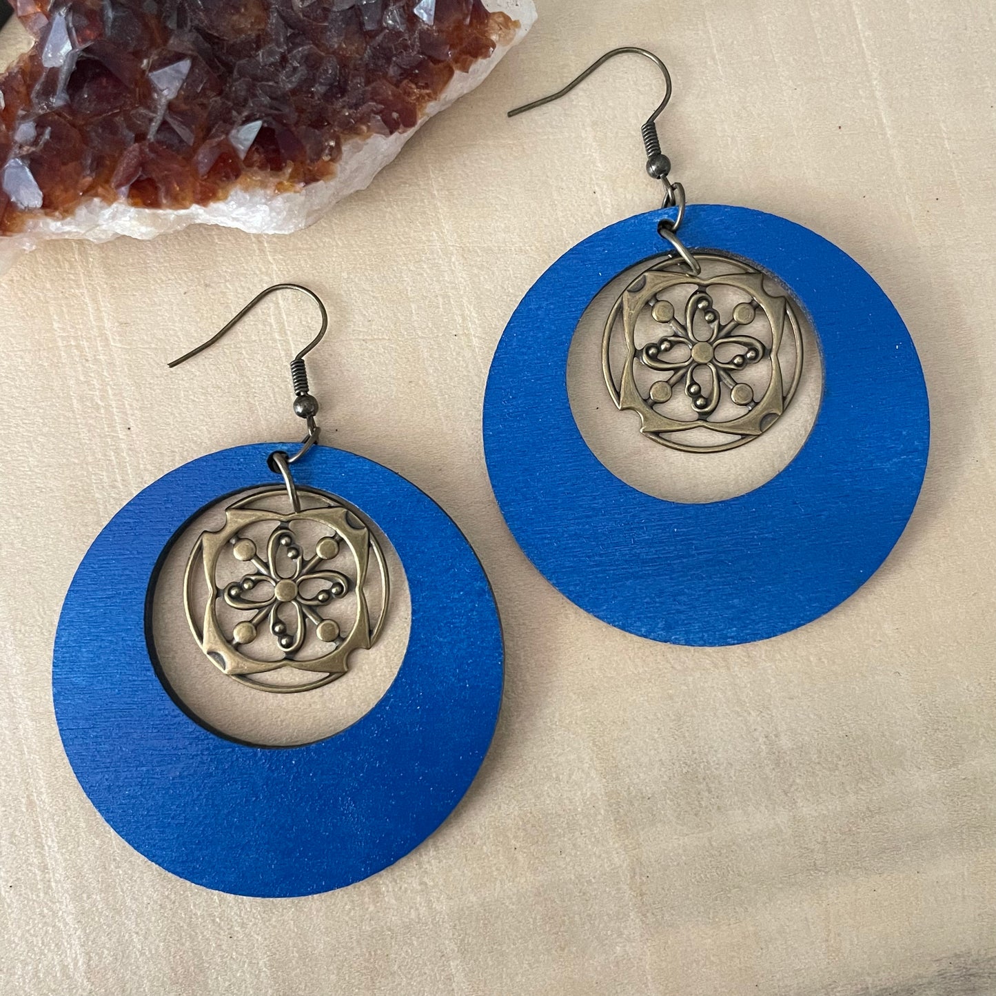 Cobalt Blue Wood Hoop & Thin Stamped Brass Earrings 3" Hand Stained Geometric Drama Statement Bold Lightweight