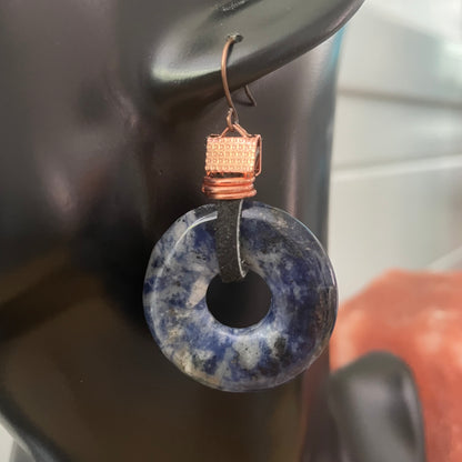 Sodalite Leather & Copper Statement Earrings 2" Blue Black Bold Geometric Women Gift Everyday Fashion Handmade Jewelry