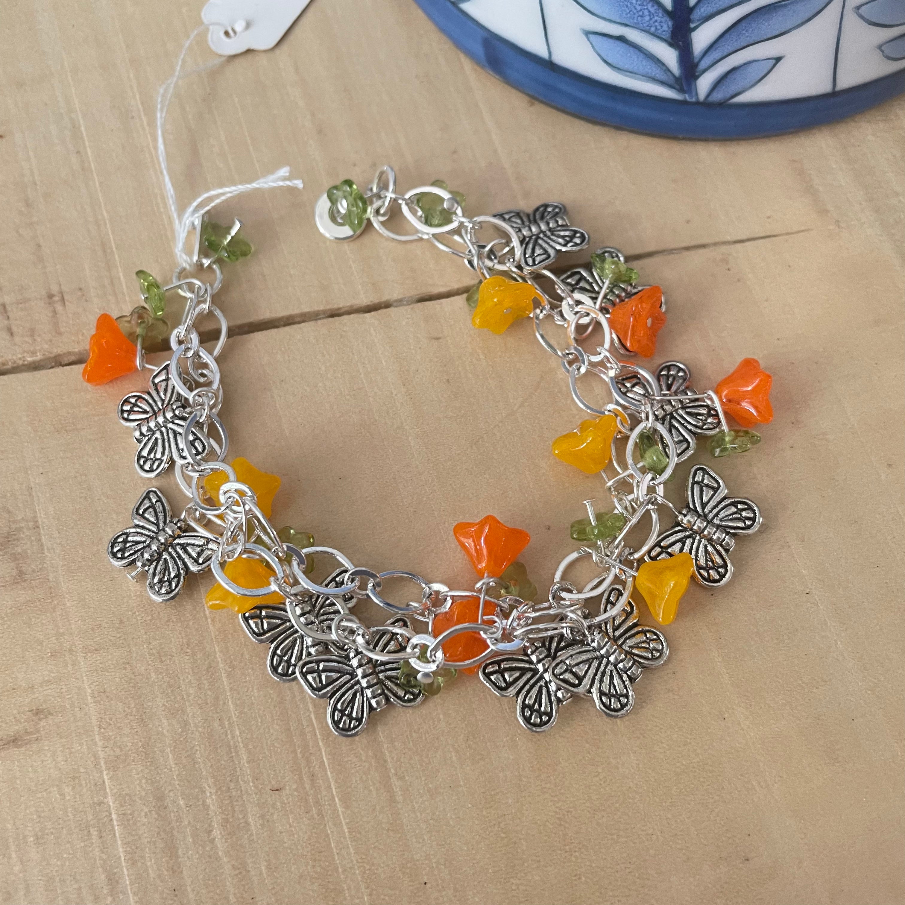 Layered Chunky Metal Butterfly & Flower Bracelet 7.5" Yellow Orange Green Spring Summer
