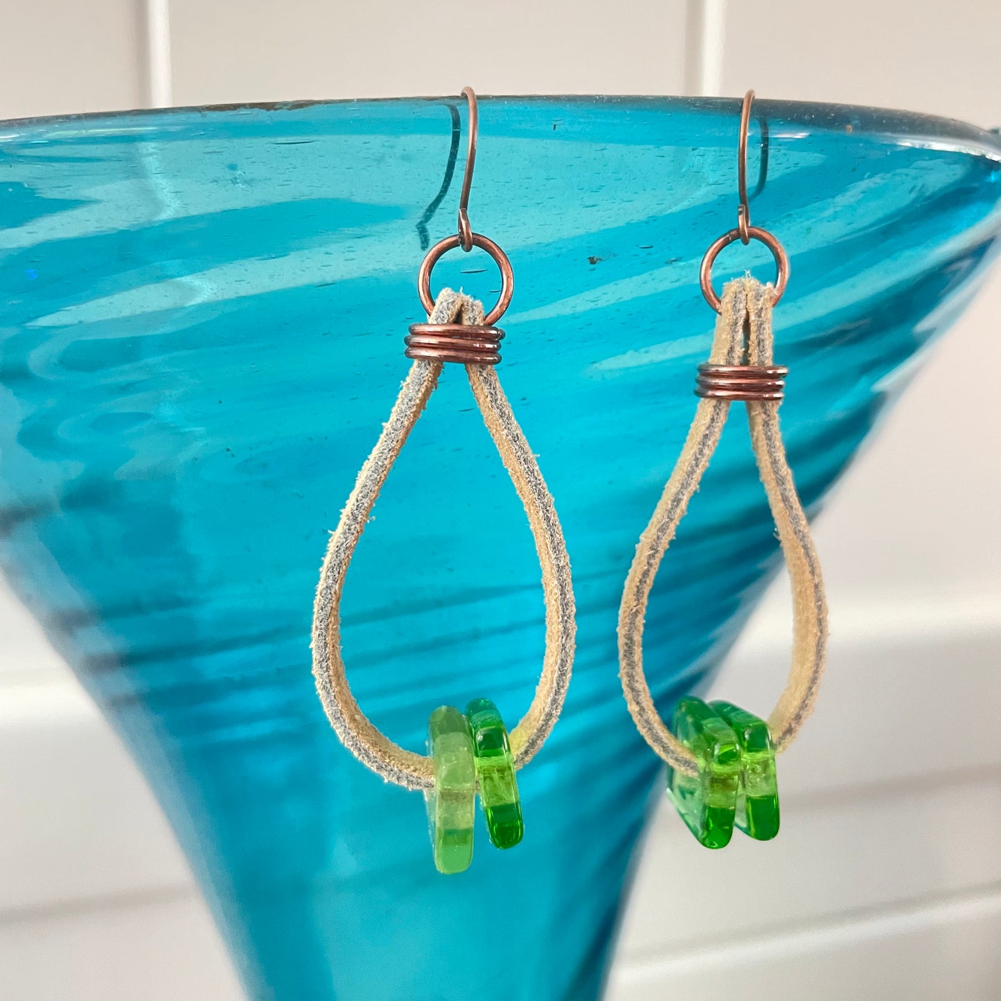 Leather Glass & Copper Teardrop Hoop Statement Earrings 2.5" Brown Spring Green Boho Western