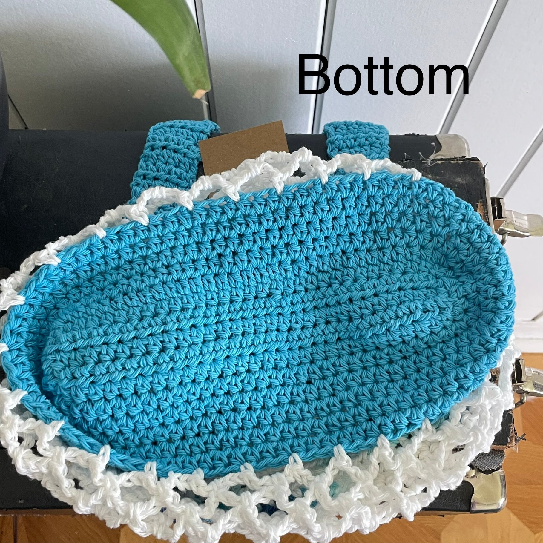 Ocean Waters Blue White Tote Shoulder Bag Purse Cotton Reusable Boho Multicolor Hand Crocheted Knit Coastal Resort