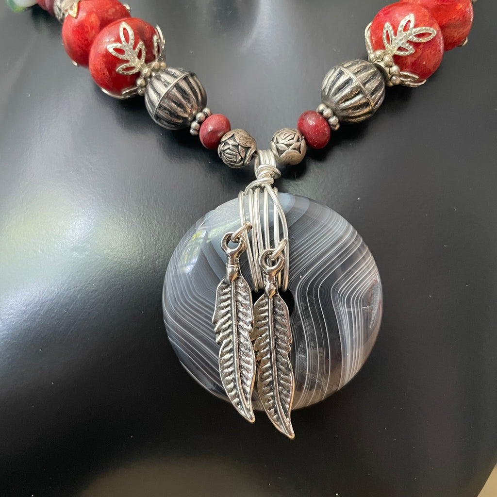 Swirling Agate & Feather Pendant Necklace 19" Jasper Coral Southwest Western Mixed Metal Wire Wrapped