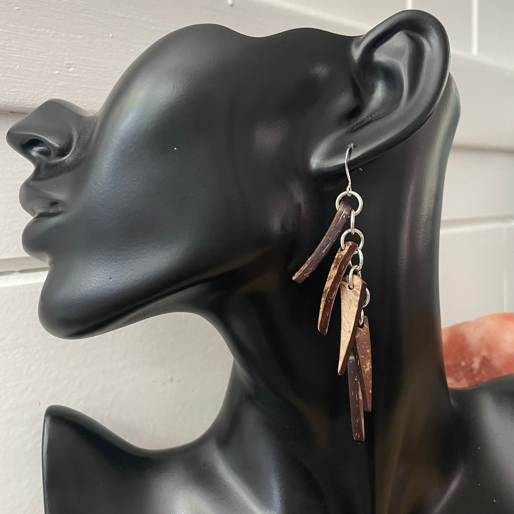 Long Dangling Coconut & Chain Link Earrings 3.5" Geometric Brown Tan Coastal Statement Resort Women Gift Everyday Fashion Handmade Jewelry