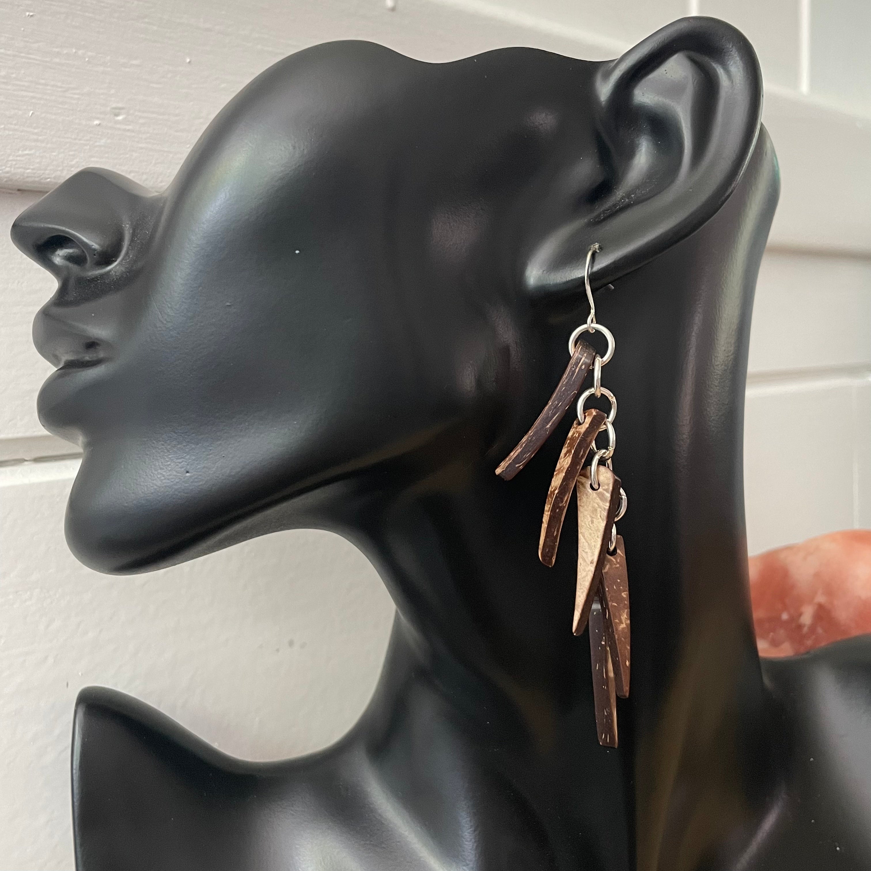 Long Dangling Coconut & Chain Link Earrings 3.5" Geometric Brown Tan Coastal Statement Resort Women Gift Everyday Fashion Handmade Jewelry
