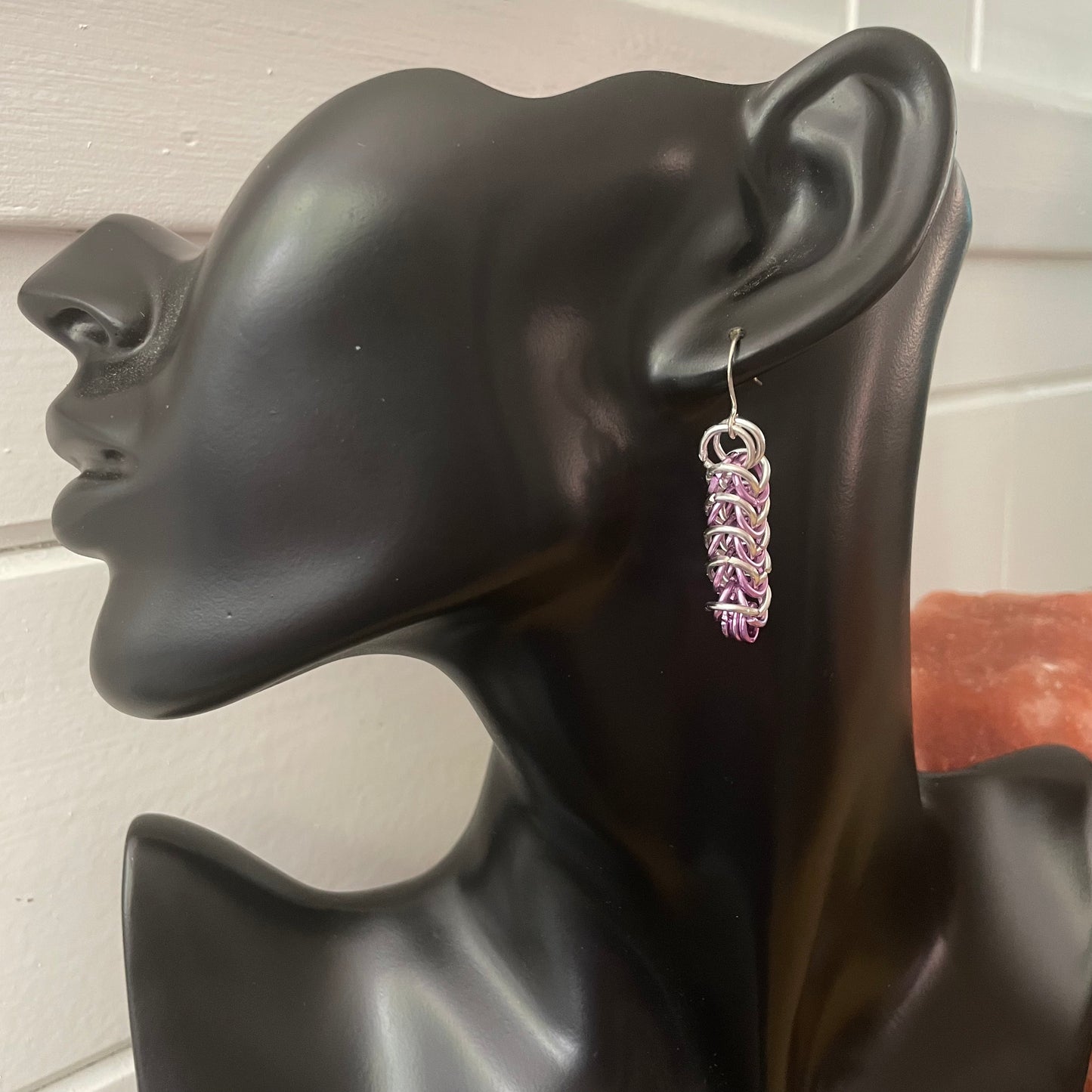 Box Chainmail Earrings Pastel Purple & Silver Aluminum 1.75" Lightweight Statement--single earring displayed on a solid black mannequin head
