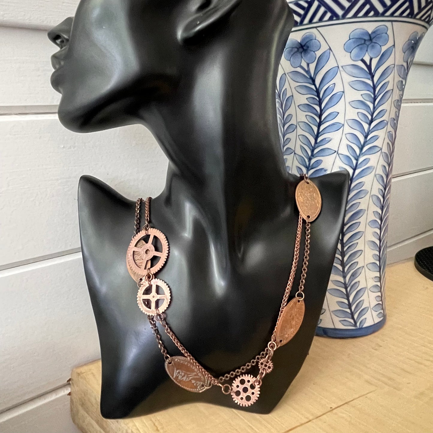 Long Flattened Penny Gear & Copper Chain Statement Necklace 28" Layered Upcycled Steampunk