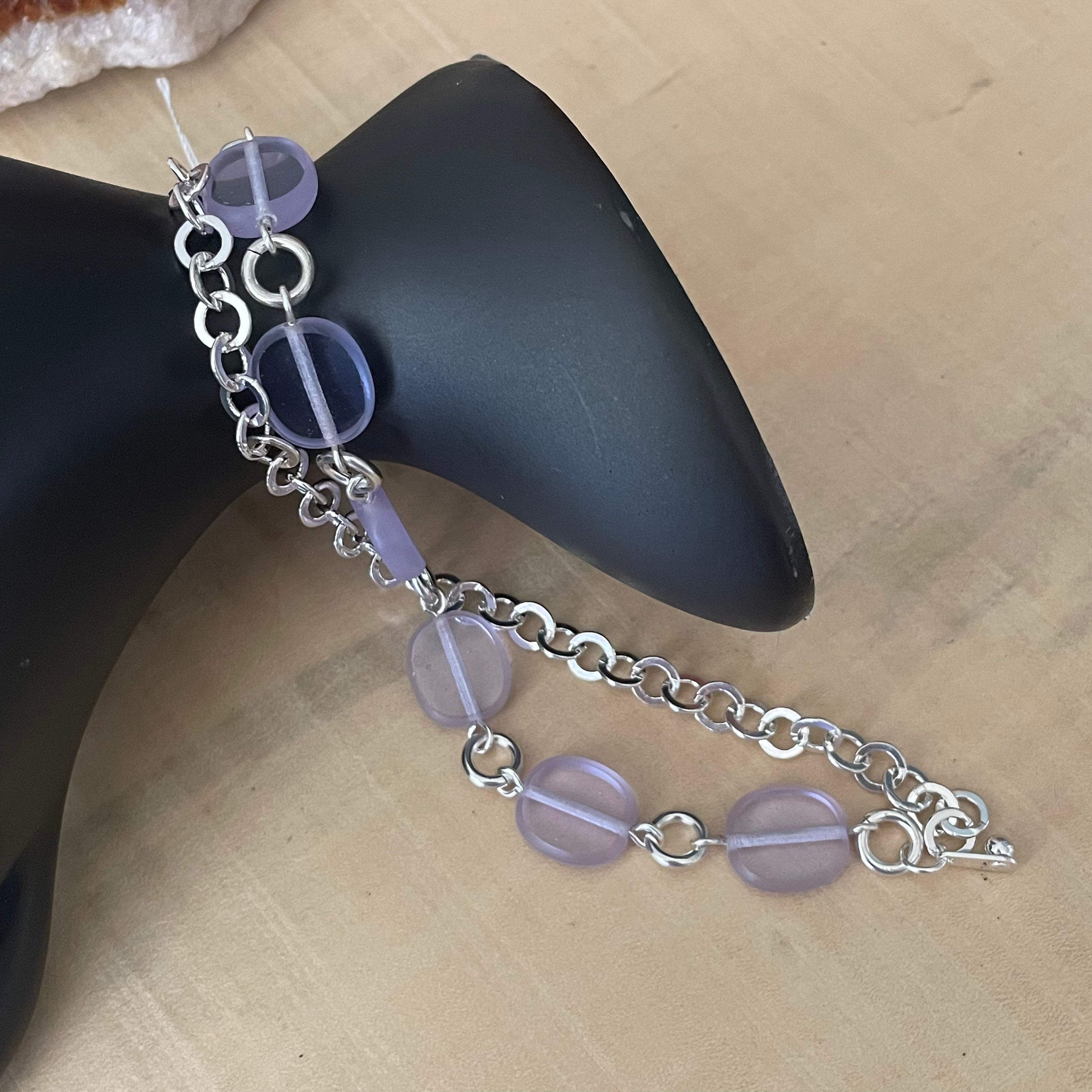 Pastel Lilac & Silver Layered Glass Chain Bracelet 7.5" Spring