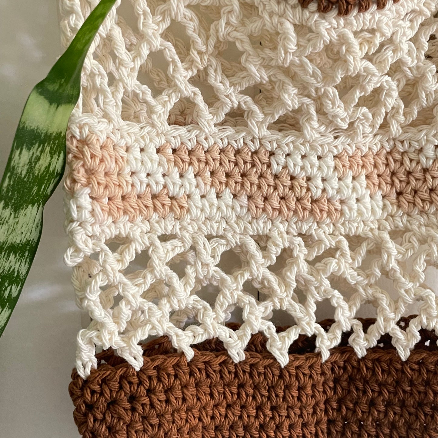 Sandy Beaches Tote Bag Purse Cotton Reusable Boho Multicolor Hand Crocheted Knit Cream Tan Brown Coastal