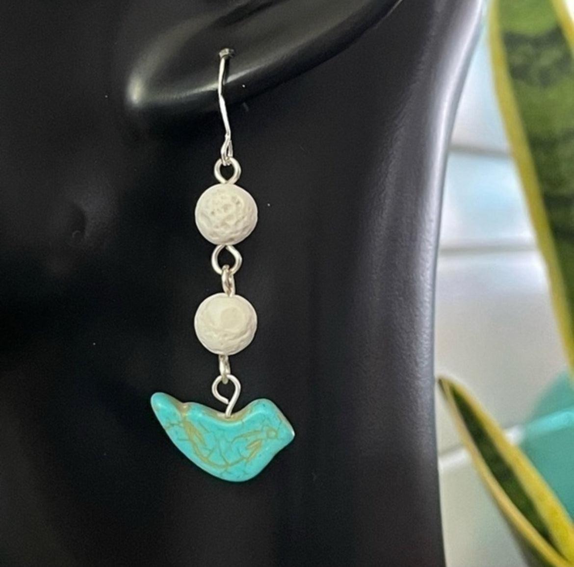 Round Lava Stone & Bird Drop Earrings 2.25” Pastel Blue White Coastal Spring Summer Vacation Women Gift Everyday Fashion Handmade Jewelry