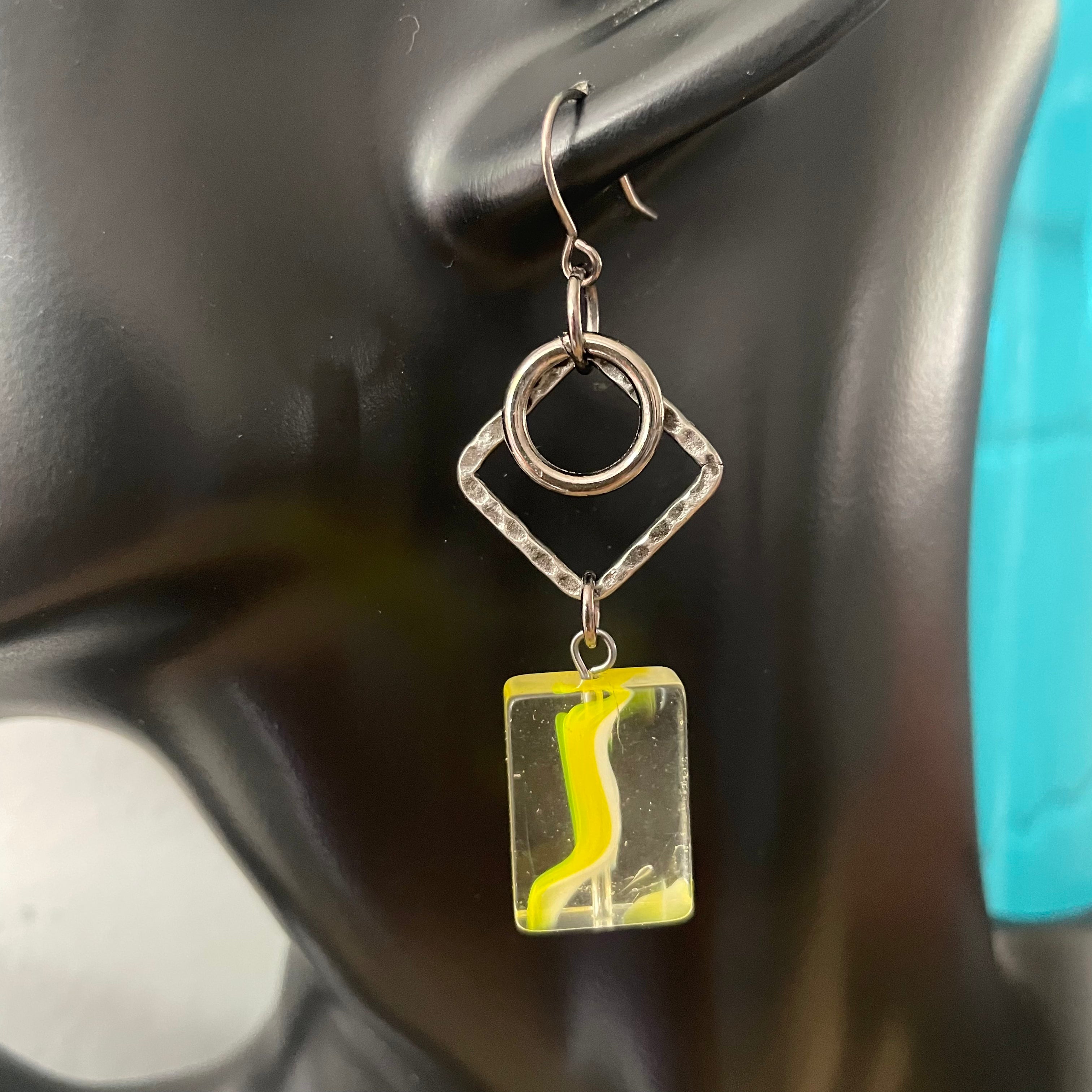 Yellow Swirl Glass Bead & Hammered Gunmetal Dangle Earrings 2.5” Geometric Clear Spring Summer Women Gift Everyday Fashion Handmade Jewelry