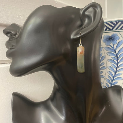 Long Marbled Jasper Dangle Earrings 2" Green & Orange Fall Colors Women Gift Everyday Fashion Handmade Jewelry